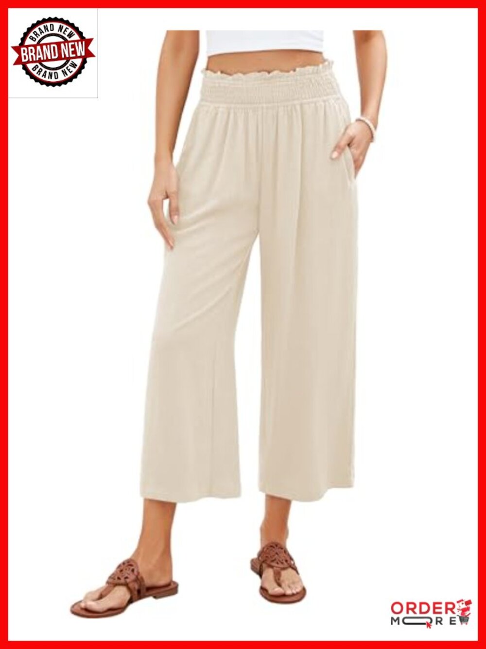 High Waisted Wide Leg Linen Palazzo Capri Pants Pull On Smock Waist